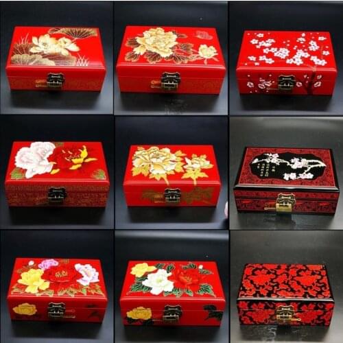 Jewelry Box Antique Storage Boxes Bins Chinese Lacquerware Lacquer Arts with Lock 21x14x8cm Red Wooden Rectangle Wedding Gift