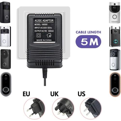 US UK EU Plug 18V AC Transformer Charger for Wifi Wireless Doorbell Camera Power Adapter IP Video Intercom Ring 220V-240V 5Meter