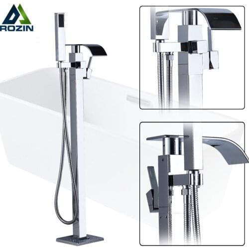 Free Standing Bathtub Floor Mounted Faucet Tap Set Plastic Hand Shower Waterfall Bath Spout Bath Tub Mixer Tap Chrome Finish