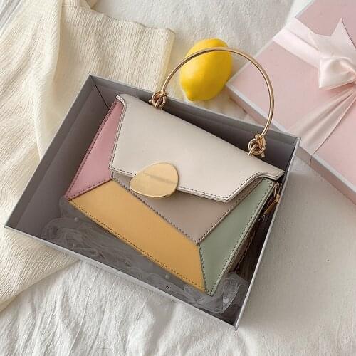 2020 women bag Flap PU Korean Lady Patchwork Hasp Chains Metal handle luxury designer bag handbag shouder bag wide strap