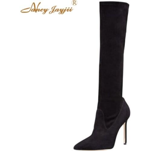 Women Fashion Black Flock Pascalare Suede Pointed Toe Over Knee Tall Boots Shoes For Woman Outdoor&Snow Black High heels Size