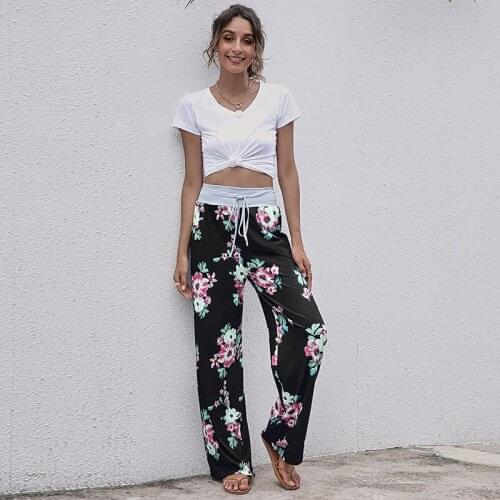 Womens Pajamas Bottoms Elastic Waist Lace-up Camouflage Floral Print Casual Trousers Sleepwear Women Loose Loungewear Long Pant