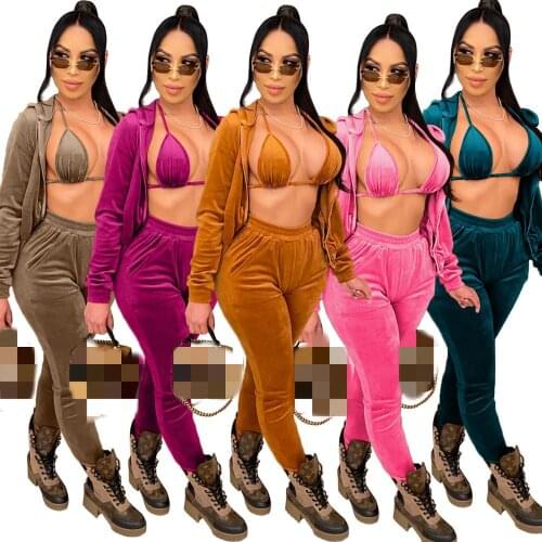 Echoine Fall winter Women Solid Velvet Three Piece Set Sexy Nightclub Party Crop Top + Hooded Zipper Coats and Pants Outfits Set