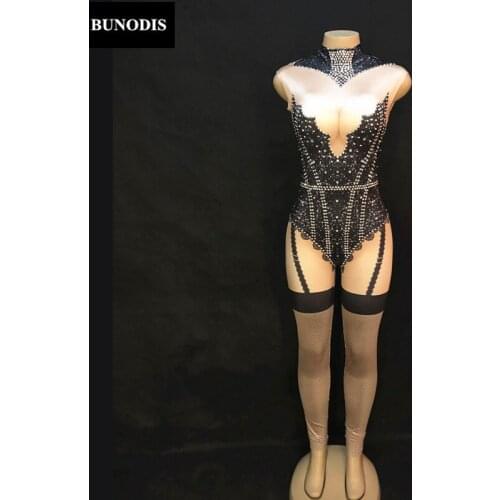 ZD377 Women Sexy Black Bodysuit & Yarn Skirt Full Of Sparkling Crystals Jumpsuit Nightclub Party Stage Wear Dancer Singer