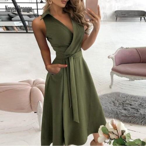 2021 New Women V-Neck Sleeveless Party Dress Summer Solid Sashes Ladies Dress Office Lady Style Elegant Female Dress Vestidos