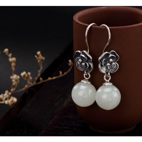 2018 Real Earings Fashion Jewelry One Deer S925 Sterling Antique Inlaid And Jade Flower Lady High-end Jaunt Earrings Wholesale