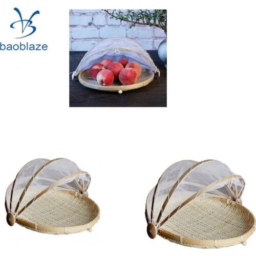 2xBamboo Tent Basket Serving Food Outdoor Picnic Pop Up Mesh Net Cover Round