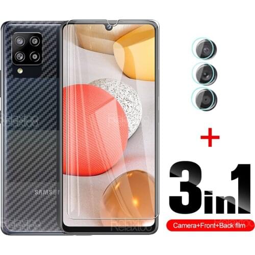 3 In 1 Full Cover Camera Lens Film Front Tempered Glass And Soft Carbon Back Fiber For Samsung Galaxy A42 5G Sansung A 42 6.6"