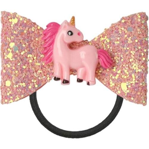 1 Pair Sequin Bows With Elastic Hair Tie Girls Unicorn Ponytail Holder Cartoon Mini Leather Bowknot With Rubber Rope