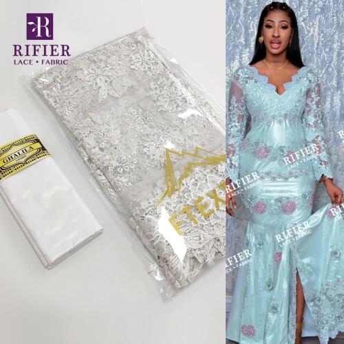 White 2.5 Yards Bazin Riche Gextczer With 2.5 Yards Net Lace With Guipure For French Fashion Lady Party Dresses Net Laces Fabric