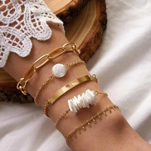 Docona Multilayer Pearl Irregular White Shell Bracelets Set for Women Bohemian Geometric Bangle Adjustable Jewelry Gift Pulseras