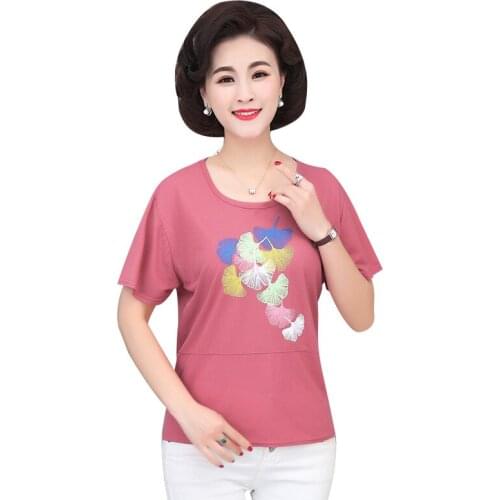 Leaf Embroidery Women Short Sleeve T-shirt Soft Comfortable Tops 2021 Summer New Casual Loose Large Size Mother Clothing