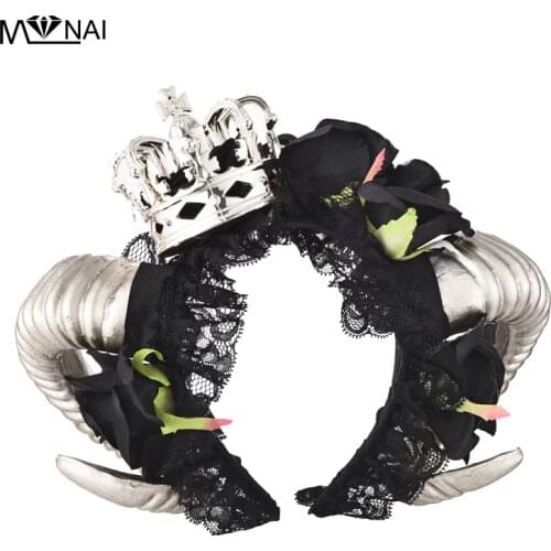 Gothic Handmade Demon Horns Headband Adult Unisex Black Rose Crown Veil Headpieces Fancy Dress Costume Accessory