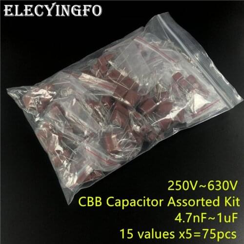 CBB Capacitor Assorted Kit 15ValuesX5PCS=75PCS, 250V/400V/630V, 472 to 105 10nF 47nF 0.1uF 1uF No Polarity AC Capacitor