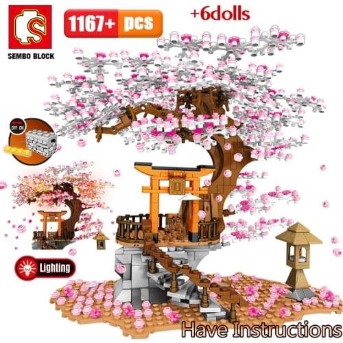 SEMBO Block Japan Street View Idea Sakura Stall Inari Shrine Bricks Friends Cherry Blossom Landscape House Tree Building Blocks
