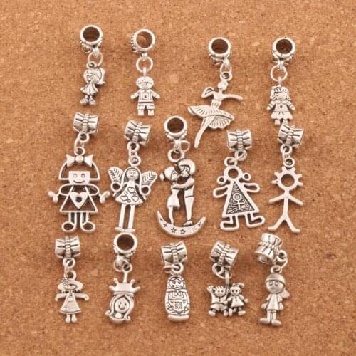 Pretty Girl Boy Charm Beads Gig Hole Beads 28pcs zinc alloy Dangle Fit European Bracelet Jewelry DIY Loose Beads BM54