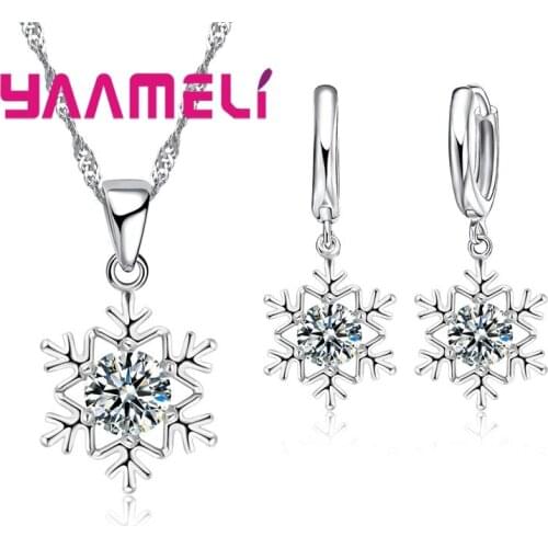 Qualified Snowflake Women 925 Sterling Silver Jewelry Set Zircon CZ Crystal Pendant Necklace Earrings Party Gift