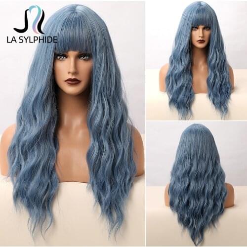La Sylphide Halloween Cosplay Wig Long Deep Wave Gray Blue Synthetic hair Wigs with Bangs for Woman Heat Resistant Wigs