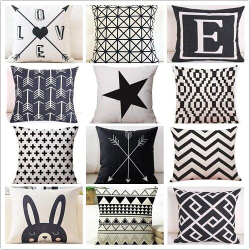 Linen Pillow Case in Black and White Geometry Printed Cotton Linen Pillow Case Pattern Home Decorative 18x18 Inch Pillow Covers