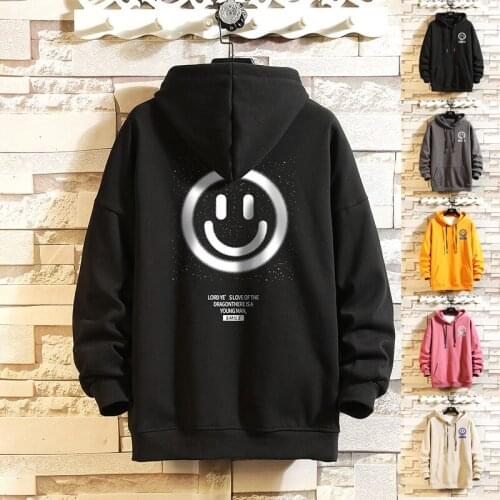 2021 Autumn Men Oversize Hoodies Unisex Japanese Street Hip Hop Loose Casual Hipster Smile Male All-match Face Print Sweatshirts