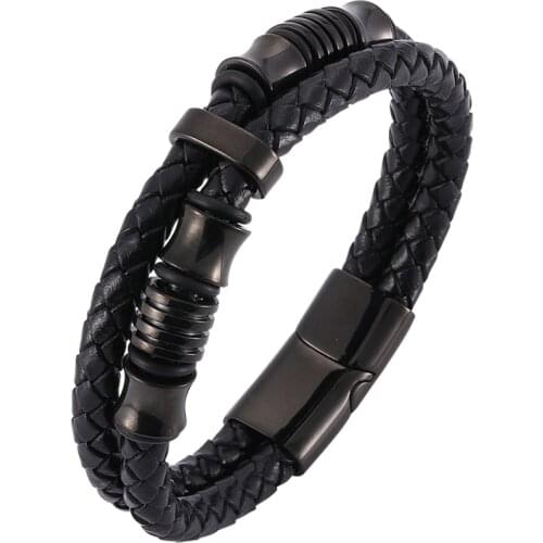 Punk Men Bracelet Genuine Braided Leather Bracelet Black/Silver Stainless Steel Magnetic Clasp Bracelet Magnetic Men Gifts PD518