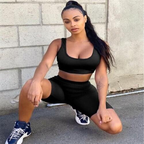 2021 Summer 2 Piece Set Women Crop Tops Biker Shorts set Sweat Suits Sexy Yoga Wear Outfits Casual Tracksuit Sets