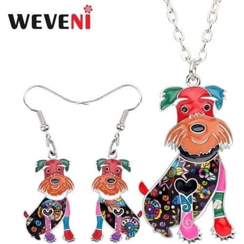 WEVENI Enamel Alloy Happy Schnauzer Dog Earrings Necklace Collar Cute Animal Jewelry Sets For Women Girls Accessories Wholesale