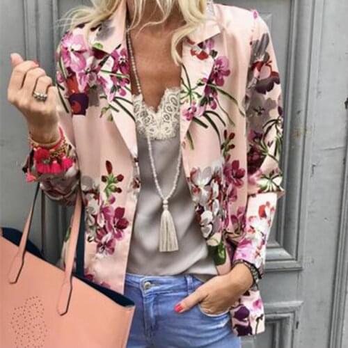 2019 New Trendy Autumn Women Clothes Flower Print Slim Coats Casual Long Sleeve Turn-down Collar Print Tops
