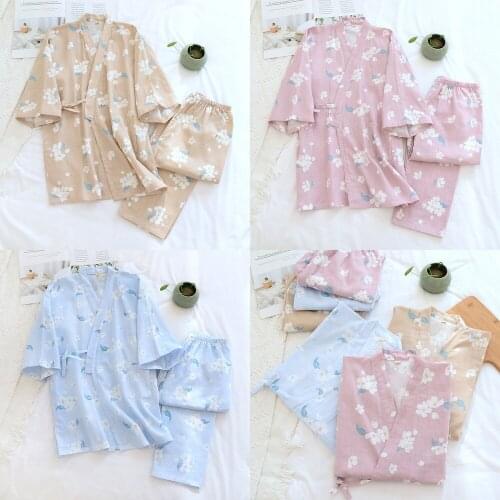 Japanese Kimono Pajamas Suit Ladies Spring and Summer Thin Cotton Gauze Cherry Blossom Three-quarter Sleeve Loose Home Service