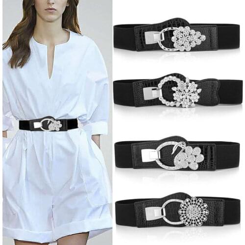 Wide Waist Elastic Womens Buckles Belts Heart Flower-Shaped Button Fashion Stretchy Ladies Leather Waistband Sweater Coat Dress