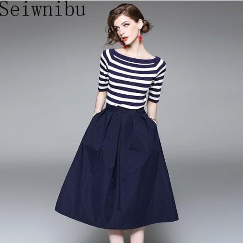 Seiwnibu 2 Piece Set Women Casual Skirt Suit New 2020 Fashion Striped Knitted Female Tops Tees And A-line Long Skirts