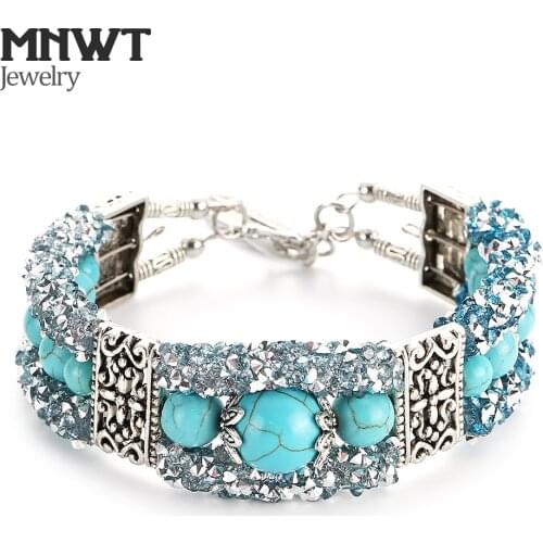 MNWT Boho Vintage Turquoises Bracelets for Women Round Beads Hand Pendant Bright Zircon Woman Charm Bracelet Fashion Jewelry