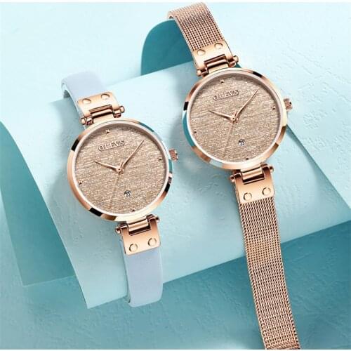 OLEVS 7mm Ultra Thin Fashion Women Quartz Watches Alloy Mesh/Leather Bracelet Waterproof Ladies Wristwatches