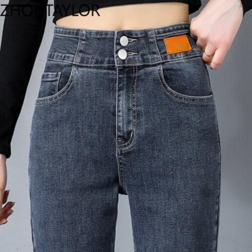 ZHOUTAYLOR Jeans Woman Fashion Button High Waisted Ankle-Length Pants Femme Zippers Straight Casual Loose Trousers Female S0566