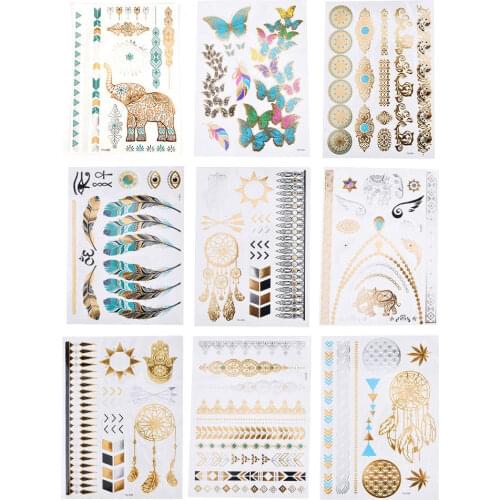 Flash Metallic Waterproof Tattoo Gold Silver Women Fashion Henna /Peacock Feather Design Temporary Tattoo Stick Paster