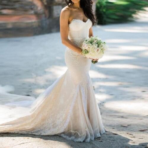 2020 Full Lace Wedding Dresses Mermaid Sweetheart Elegant Long Bridal Gowns Layer Trains Tulle Custom Made