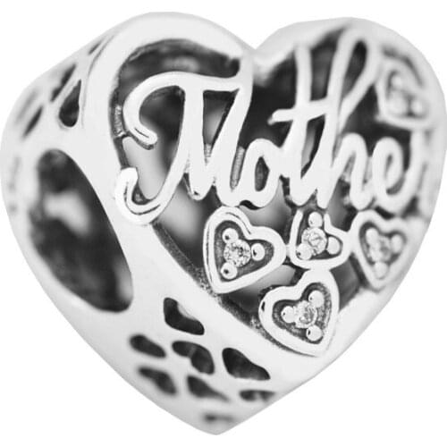 Mother & Son Bond Clear CZ Beads for Silver 925 Original Charms Bracelets Women Jewelry Family Heart Beads for Jewelry Making