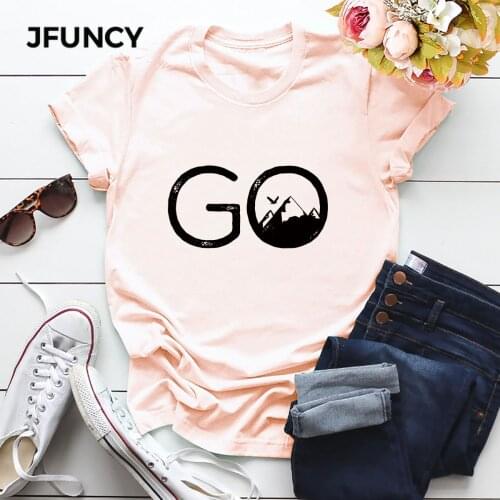 JFUNCY Plus Size Women T Shirt Go Hike Print Short Sleeve Tees Woman Tops Casual T-shirts 100% Cotton Female Tshirt