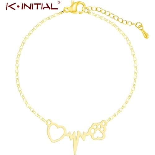 Kinitial Fashion Hollow Pet Paw Bracelets Cute Animal Cat Dog Love Heart Beat Footprint Charm Bracelet for Women Cuff pulseras