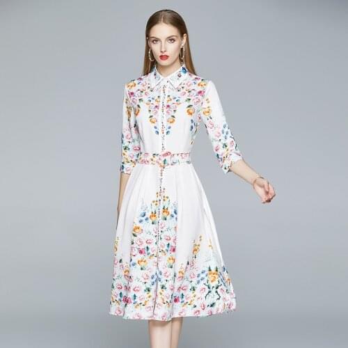 Summer Runway Designer Holiday Flower Dress Women Elegant Floral Print Midi Pleated Dress Female Sashes Party Dress k8162