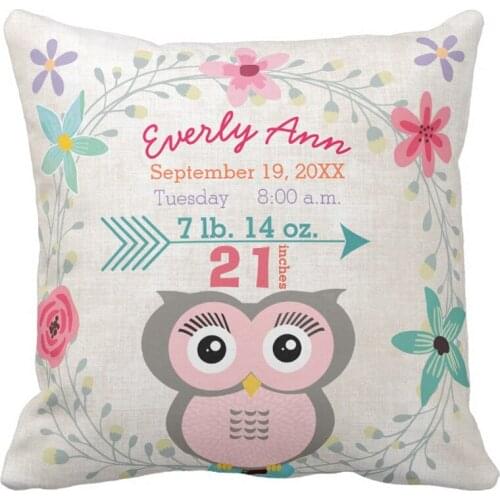 Custom Birth Stats Baby Girl Forest Creature Pink Owl Cotton Canvas Throw Pillow Cover Decorative Cushion Cover for Sofa Seat
