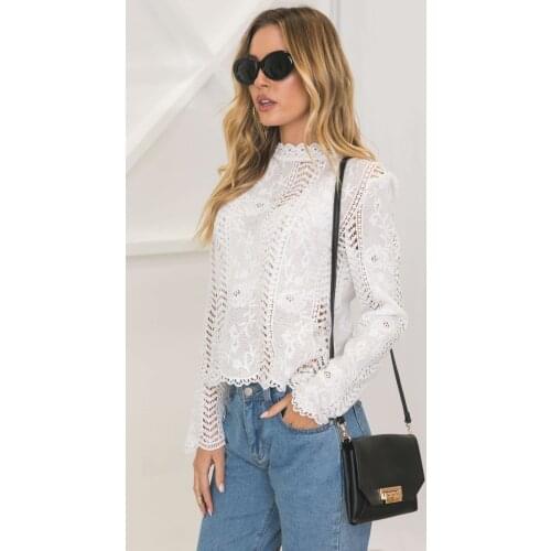 New Fashion Women Lace Floral Crochet Hollow Out Long Sleeve Bodycon Casual Shirt Blouse Tops Elegant Womens Slim Lace Blouses