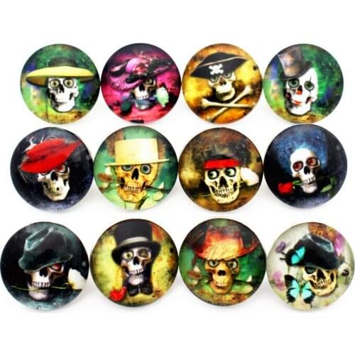 New Style Mixs 10pcs/lot Fancy Skull Glass Snap Button Chams Fit 18mm Replaceable Snap Bracelet Necklace Pendant DIY Jewelry