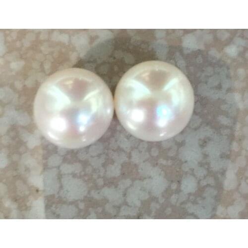 Charming pair of 12-13mm flat round south sea white pearl earring 14k