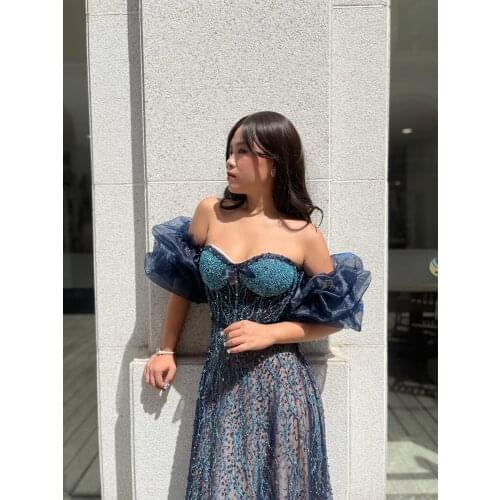 Blue Gowns Fashion Ladies Evening Dresses Big Puff Sleeve Luxury Host Dress A-Line Partydress Prom1723 For Women Wedding Party