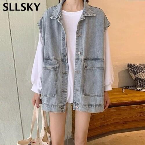 SLLSKY Solid Denim Vest Women Spring Autumn Single Breasted Sleeveless Waistcoat Female Jean Vest Casual Loose Plus Size Vest