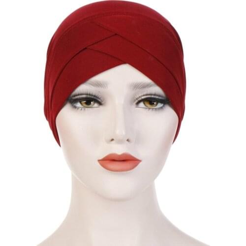 Stretch Nightcap Forehead Cross Pleated Indian Muslim turban Women Beanie Head Cover Wrap Headscarf Hats hijab bonnet islamic