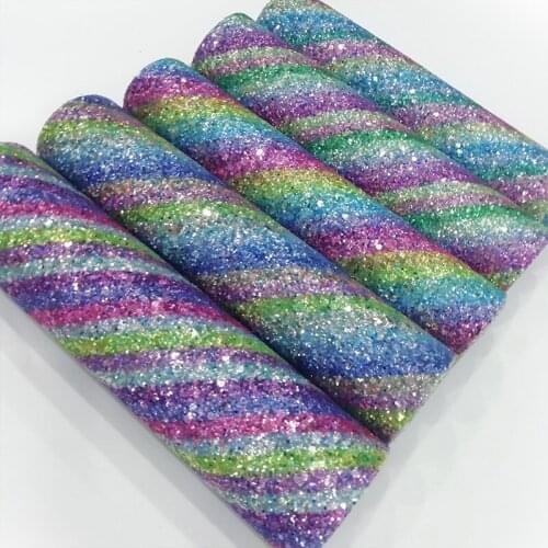 Colorful Rainbow Iridescent Stripe Printed Chunky Glitter Faux Leather Fabric For Making Shoe/Bag/DIY Accessories/Hair Bow