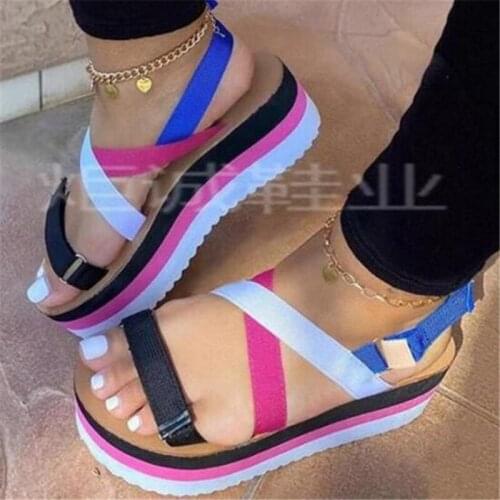 Women sandals PU Elastic band 4CM Flat heel Round Toe Shallow women shoes sandalias mujer 2020 size 35-42 Colorblock Multicolor