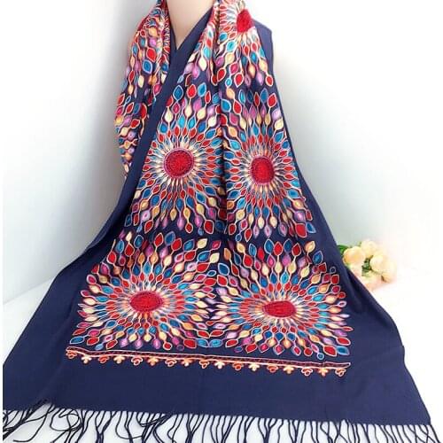 Women Thick Cashmere Scarves Tibetan Nepal sun flower Scarf Embroidery Elegant Tassel Long Shawl Warm Pashmina Knitted Ladies